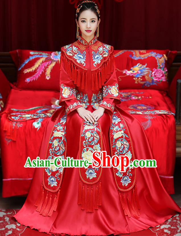 Chinese Traditional Embroidered Peony Xiuhe Suit Longfeng Flown Ancient Bottom Drawer Wedding Dress for Women