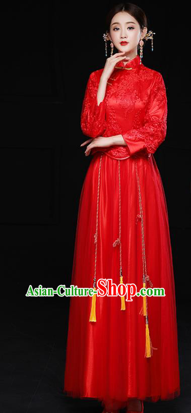 Chinese Traditional Red Lace Xiuhe Suit Longfeng Flown Ancient Bottom Drawer Wedding Dress for Women