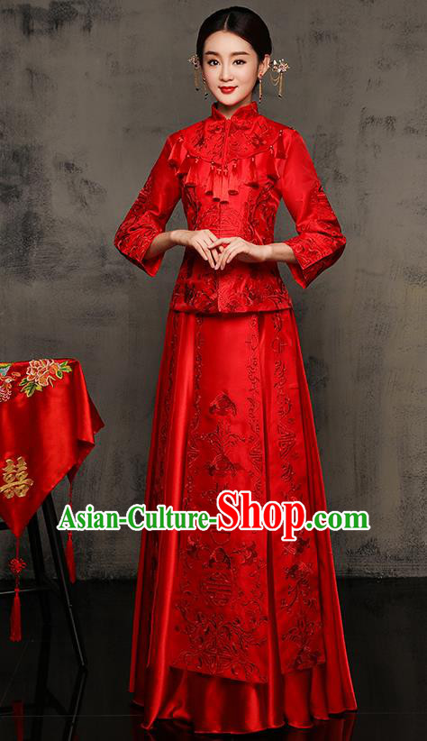 Chinese Traditional Xiuhe Suit Toast Cheongsam Ancient Embroidered Phoenix Bottom Drawer Wedding Dress for Women