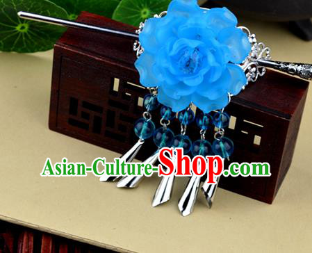 Chinese Traditional Ancient Hair Accessories Hanfu Blue Peony Hairdo Crown Tassel Hairpins Headwear for Women