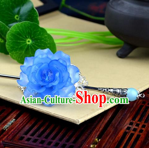 Chinese Traditional Ancient Hair Accessories Hanfu Hairpins Blue Peony Hairdo Crown Headwear for Women