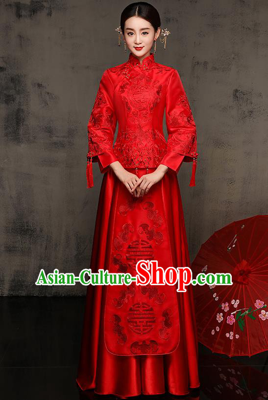 Chinese Traditional Embroidered Xiuhe Suit Red Toast Cheongsam Ancient Phoenix Bottom Drawer Wedding Dress for Women