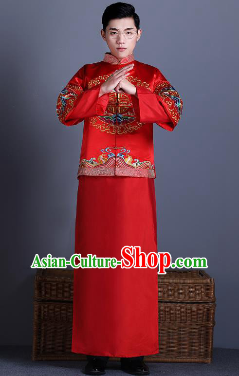 Chinese Traditional Bridegroom Xiuhe Suit Costume Ancient Tang Suit Embroidered Red Clothing for Men