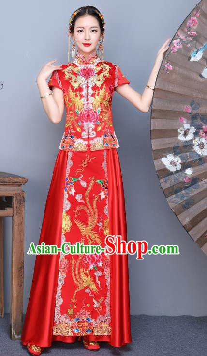 Chinese Traditional Xiuhe Suit Embroidered Blue Peony Longfeng Flown Ancient Bottom Drawer Wedding Dress for Women