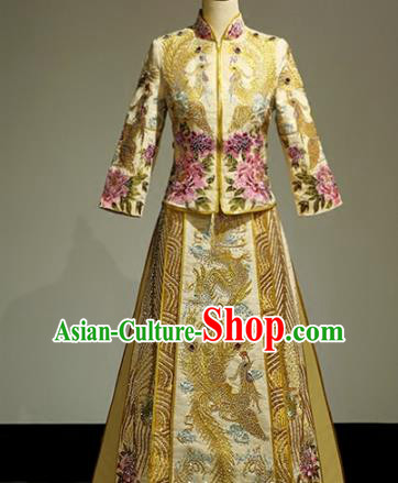 Chinese Traditional Wedding Golden Xiuhe Suit Ancient Longfeng Flown Bride Embroidered Cheongsam Dress for Women