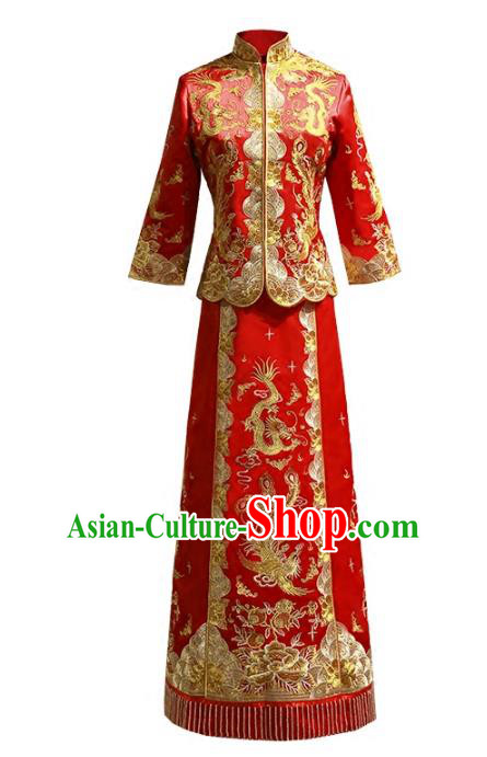 Chinese Traditional Wedding Red Xiuhe Suit Ancient Longfeng Flown Bride Embroidered Cheongsam Dress for Women