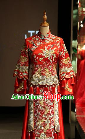 Chinese Traditional Bride Red Xiuhe Suit Ancient Longfeng Flown Embroidered Wedding Cheongsam Dress for Women