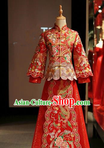 Chinese Traditional Bride Red Xiuhe Suit Ancient Longfeng Flown Embroidered Peony Wedding Cheongsam Dress for Women