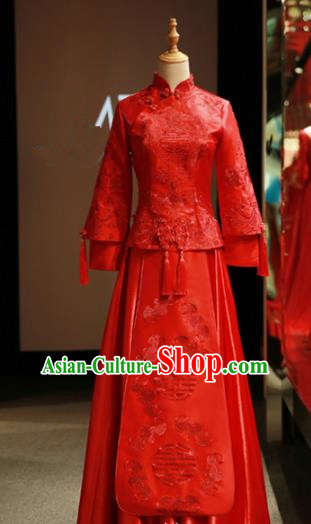 Chinese Traditional Bride Embroidered Cheongsam Xiuhe Suit Ancient Wedding Longfeng Flown Dress for Women