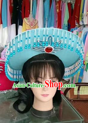 Chinese Traditional Beijing Opera Fishing Lady Blue Hat Peking Opera Drakan Headwear for Adults