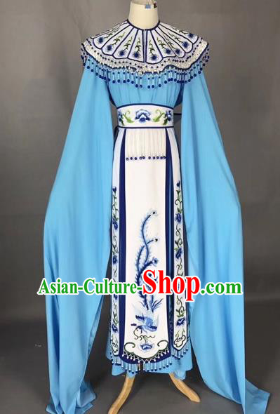 Chinese Peking Opera Actress Blue Dress Traditional Beijing Opera Princess Embroidered Costumes for Adults