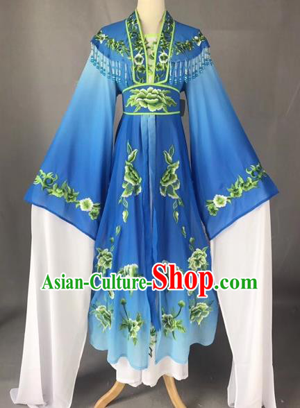 Chinese Peking Opera Actress Blue Dress Traditional Beijing Opera Rich Lady Embroidered Costumes for Adults