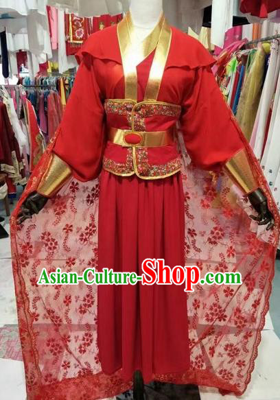 Chinese Traditional Peking Opera Actress Red Embroidered Dress Ancient Swordswoman Costume for Adults