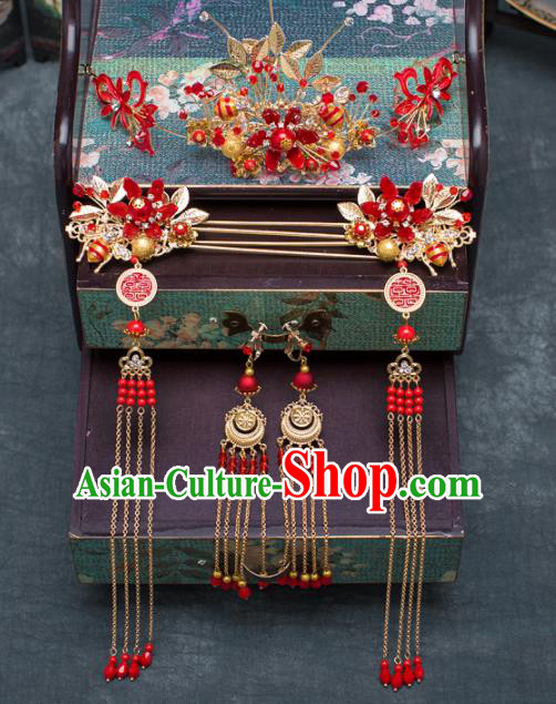 Chinese Ancient Hanfu Wedding Hair Accessories Traditional Red Flowers Phoenix Coronet Hairpins for Women