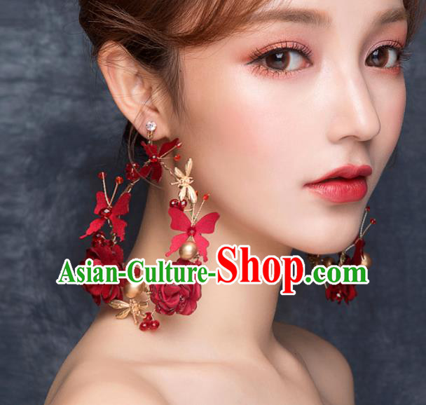 Top Grade Bride Wedding Accessories Red Rose Earrings for Women