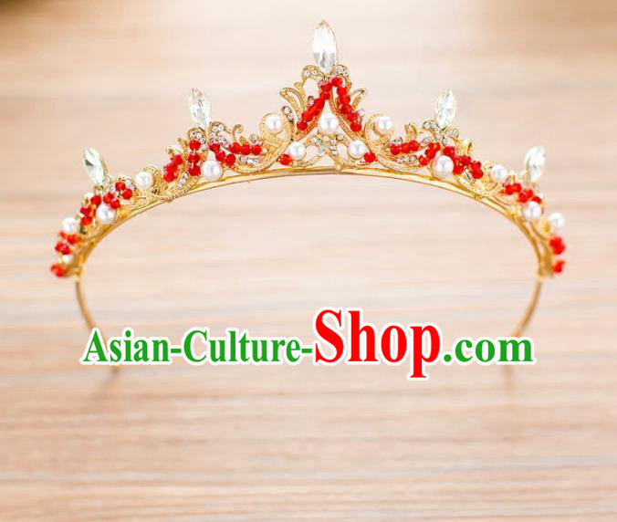 Top Grade Bride Hair Accessories Red Beads Crystal Royal Crown Headwear for Women