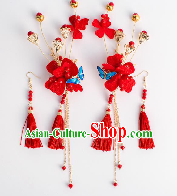 Chinese Ancient Hanfu Wedding Red Tassel Hair Claws Hair Accessories Traditional Hairpins for Women