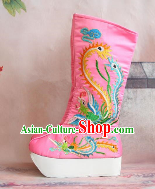 Chinese Traditional Beijing Opera Emperor Shoes Beijing Opera Takefu Pink Embroidered Boots for Men