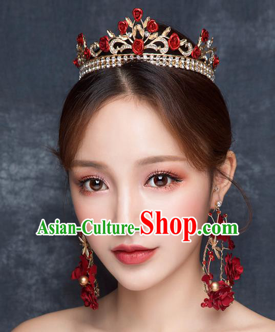 Top Grade Wedding Hair Accessories Bride Retro Red Rose Royal Crown for Women