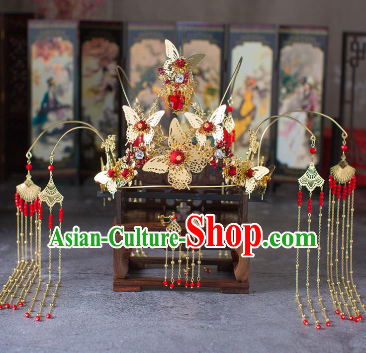 Chinese Ancient Tassel Butterfly Phoenix Coronet Wedding Hair Accessories Traditional Hairpins for Women