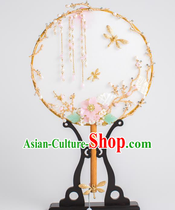 Chinese Traditional Palace Fans Ancient Bride Wedding Golden Dragonfly Round Fans for Women