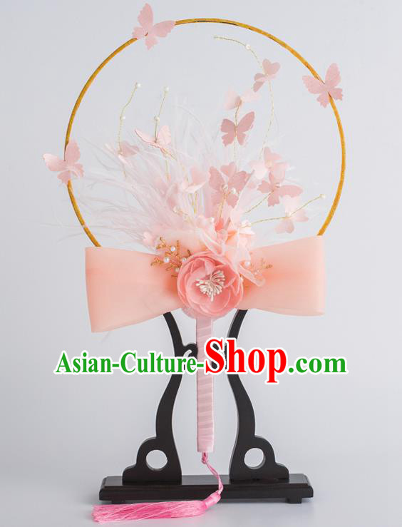 Chinese Traditional Palace Fans Ancient Bride Wedding Pink Feather Flower Round Fans for Women