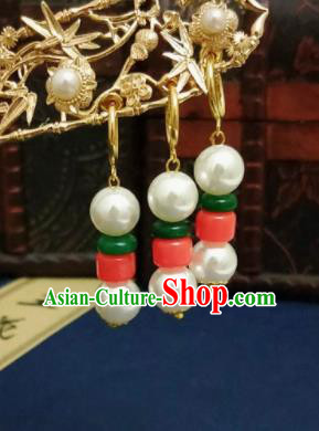 Chinese Ancient White Pearls Earrings Qing Dynasty Manchu Palace Lady Ear Accessories for Women