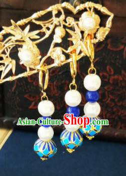Chinese Ancient Blueing Beads Earrings Qing Dynasty Manchu Palace Lady Three Strings Ear Accessories for Women