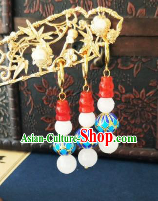 Chinese Ancient Three Strings Blueing Beads Earrings Qing Dynasty Manchu Palace Lady Ear Accessories for Women