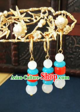 Chinese Ancient Three Strings Beads Earrings Qing Dynasty Manchu Palace Lady Ear Accessories for Women