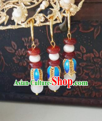Chinese Ancient Earrings Qing Dynasty Manchu Palace Lady Three Strings Cloisonne Flowers Ear Accessories for Women