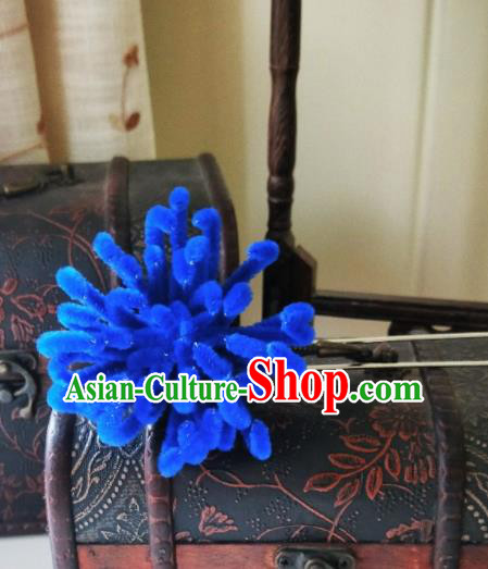Chinese Ancient Qing Dynasty Hair Accessories Blue Velvet Flower Hairpins for Women