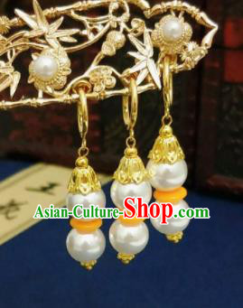 Chinese Ancient Three Strings Pearls Earrings Qing Dynasty Manchu Palace Lady Ear Accessories for Women