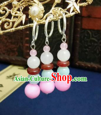 Chinese Ancient Earrings Qing Dynasty Manchu Palace Lady Three Strings Pink Beads Ear Accessories for Women