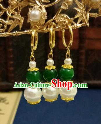 Chinese Ancient Green Pearls Earrings Qing Dynasty Manchu Palace Lady Three Strings Ear Accessories for Women