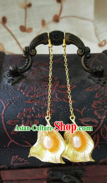 Chinese Ancient Pearls Golden Earrings Qing Dynasty Manchu Palace Lady Ear Accessories for Women