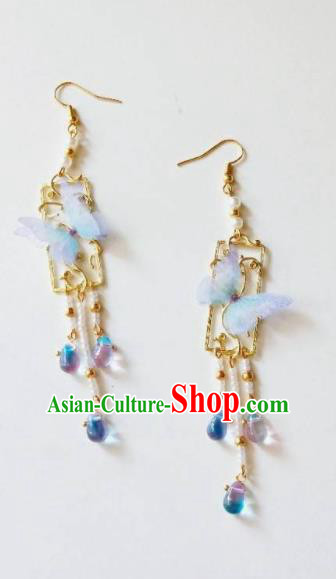 Chinese Ancient Blue Butterfly Earrings Qing Dynasty Manchu Palace Lady Ear Accessories for Women