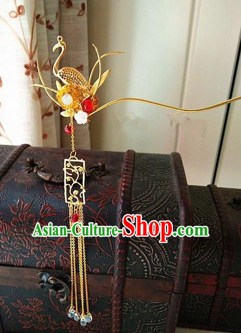 Chinese Ancient Qing Dynasty Hair Accessories Palace Crane Tassel Hairpins for Women