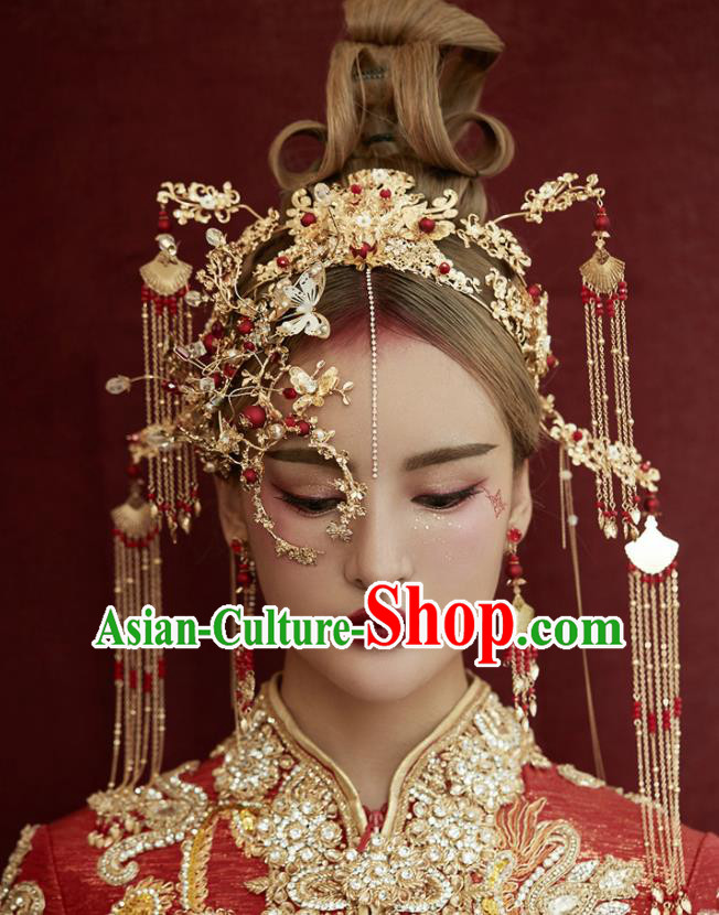 Chinese Traditional Wedding Bride Hair Accessories Ancient Tassel Phoenix Coronet Hairpins for Women