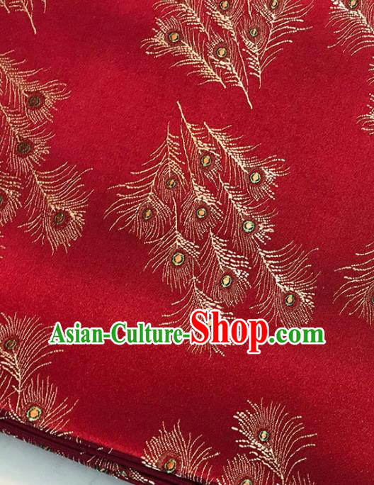 Asian Chinese Traditional Cheongsam Feather Pattern Red Brocade Fabric Silk Fabric Chinese Fabric Material