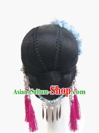 Chinese Traditional Classical Dance Hair Accessories Folk Dance Headwear and Wigs for Women