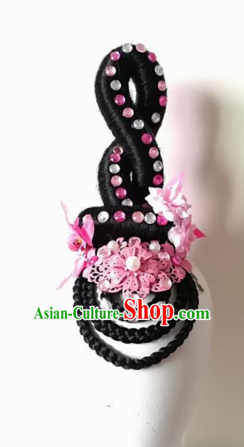 Chinese Traditional Classical Dance Pink Flower Hair Accessories Folk Dance Headwear and Wigs for Women