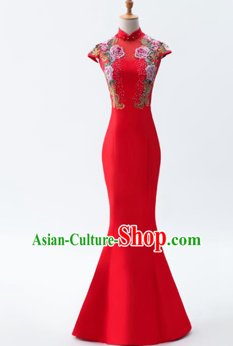 Chinese Traditional National Cheongsam Compere Costume Red Full Dress for Women