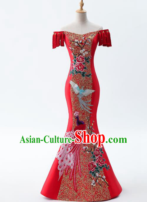 Chinese Traditional National Cheongsam Compere Costume Mermaid Red Full Dress for Women