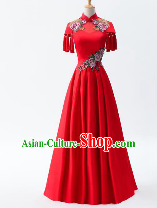 Chinese Traditional National Cheongsam Compere Chorus Costume Red Full Dress for Women