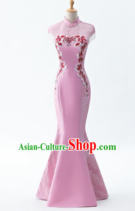 Chinese Traditional National Wedding Cheongsam Compere Chorus Costume Pink Full Dress for Women