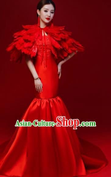 Top Grade Red Feather Mermaid Full Dress Compere Chorus Costume for Women