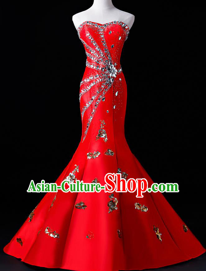 Top Grade Catwalks Sequins Red Full Dress Compere Chorus Costume for Women