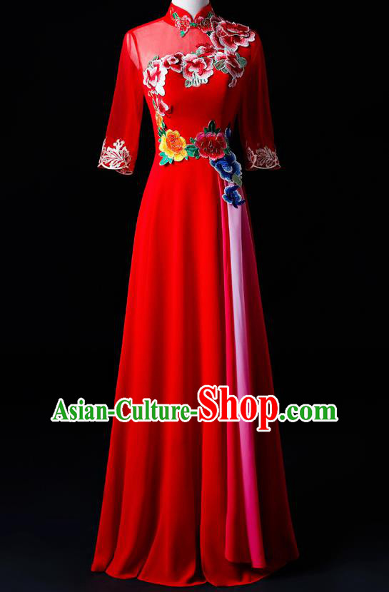 Chinese Traditional National Red Cheongsam Compere Chorus Costume Folk Dance Full Dress for Women