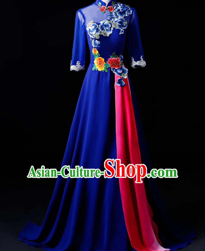 Chinese Traditional National Royalblue Cheongsam Compere Chorus Costume Folk Dance Full Dress for Women